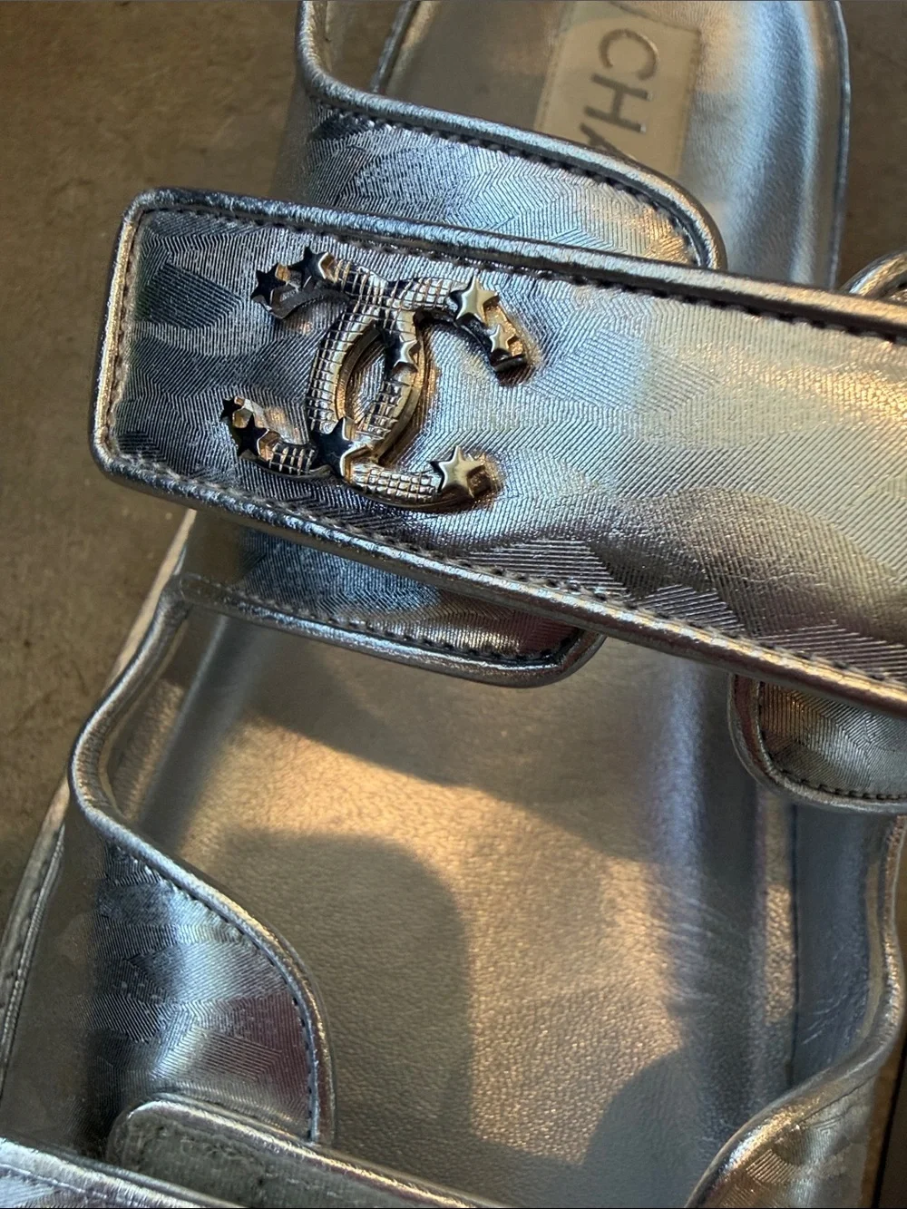 Chanel Metallica  Silver Leather Velcro dad Sandals